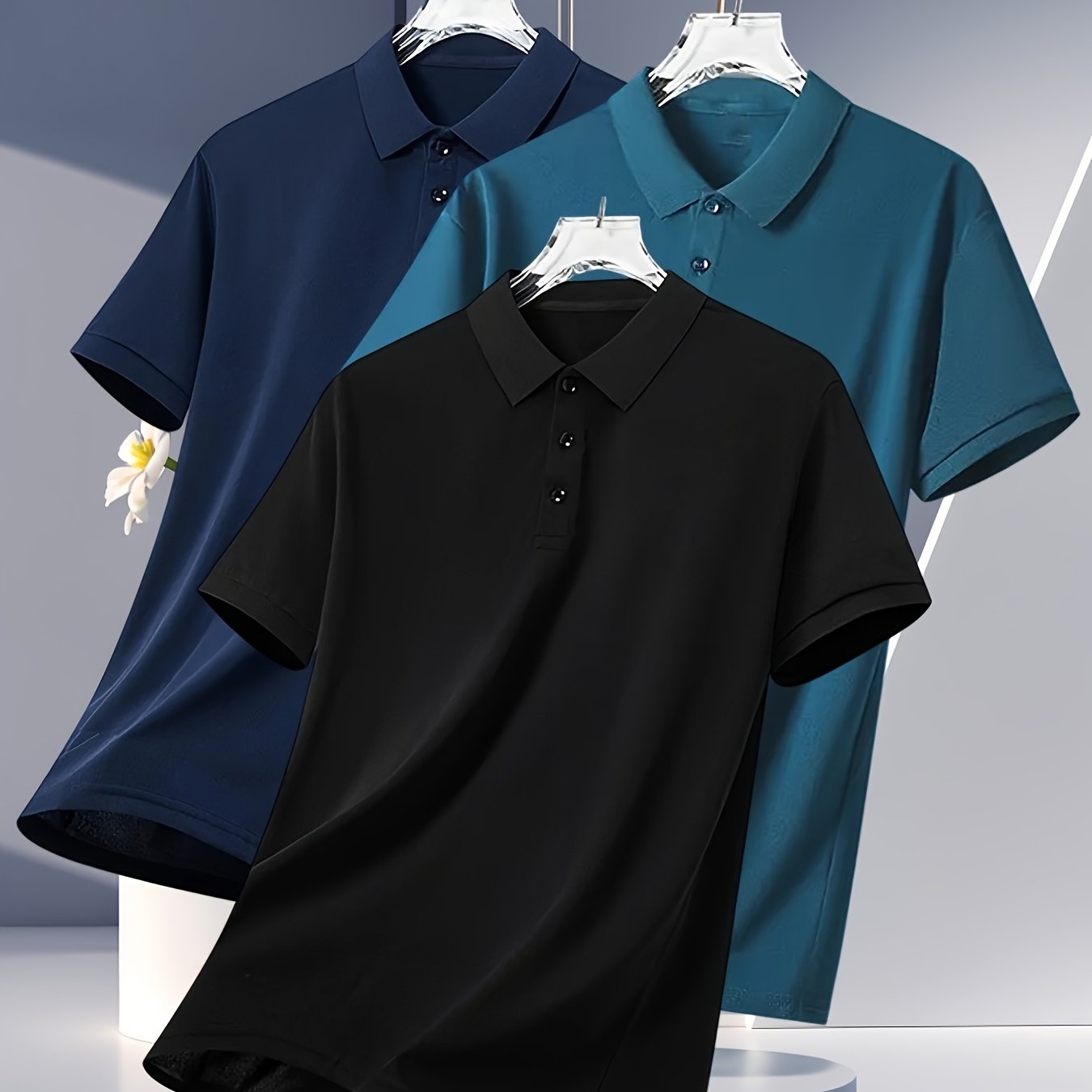 3pcs Men's Summer Shirts - Breathable Short Sleeve Casual & Business Casual Tops with Classic Collar, Loose Fit, Solid Color (Navy\u002FOlive\u002FBlack) - 2025 Trending Styles