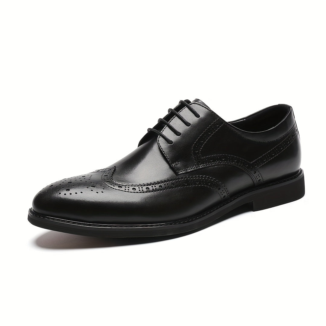 Men's Genuine Leather Dress Shoes - Breathable Wingtip Oxfords with Brogue Design, Classic Black Business & Formal Style for Weddings, Parties, and British Events