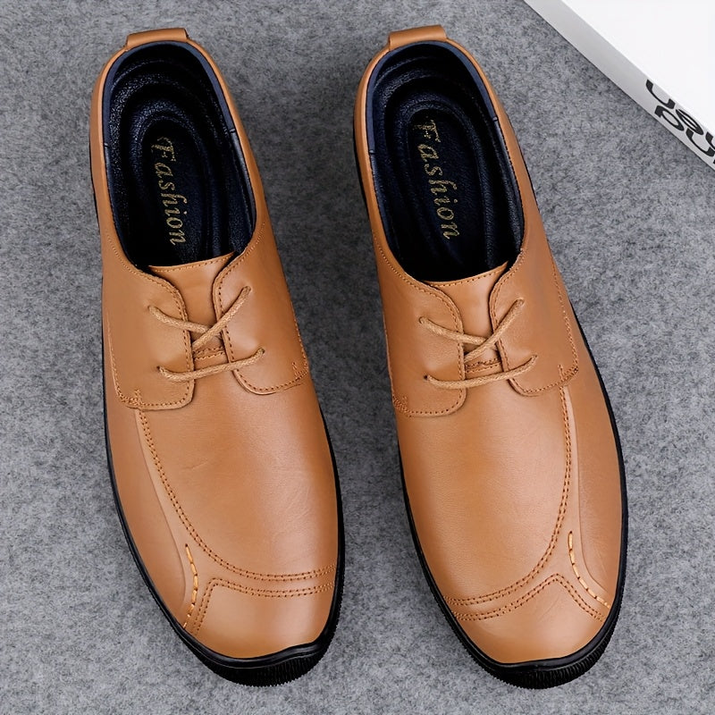 LUOQIRUI Men's Genuine Leather Casual Shoes - British Style Lace-Up Low-Top Oxfords with Soft Rubber Sole, Breathable & Durable for Business Casual & Casual Attire, Tan, Comfortable Footwear | Classic Shoe Design | Smooth Texture Finish