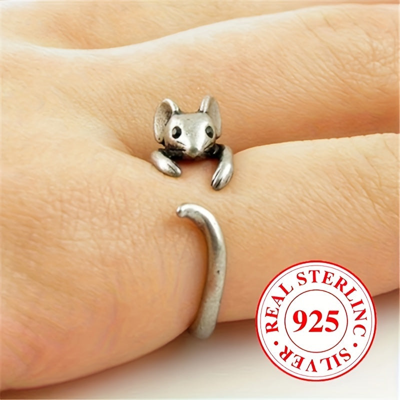3.5g 925 Sterling Silvery Retro Boho Mouse Design Adjustable Ring for Men and Women, Party Vacation Hip-Hop Trendy Accessory