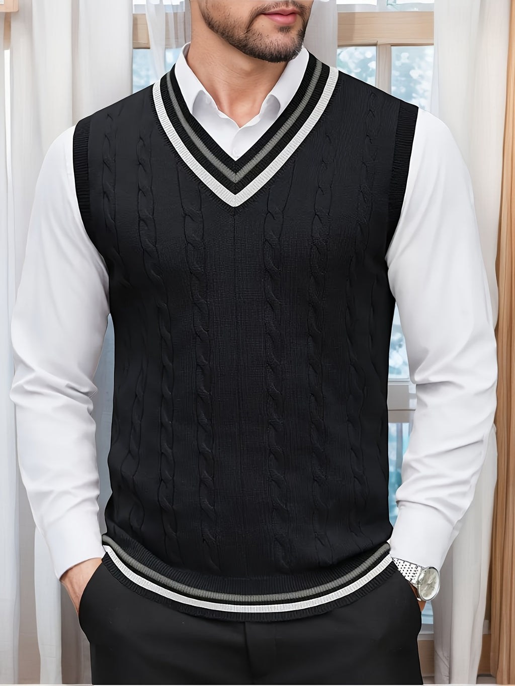 Gilet Homme Sans Manches Col en V Tricoté, Design Décontracté et Rétro, Idéal pour l'Automne et l'Hiver, Parfait pour un Look Décontracté et Sophistiqué en Toute Occasion