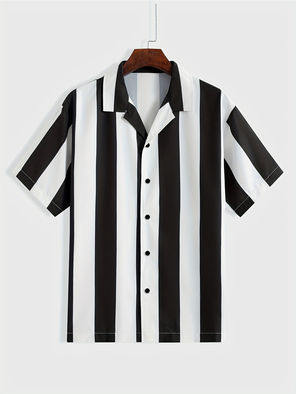 1pc Men'S Summer Casual Striped Button- Shirt - Short Sleeve, Regular Fit, Polyester Woven Fabric, Non-Stretch, Lapel Collar, Placket, for Daily & Outdoor Activities, Hiking, Weekend - Woven Fabric Weight 125g\u002Fm²