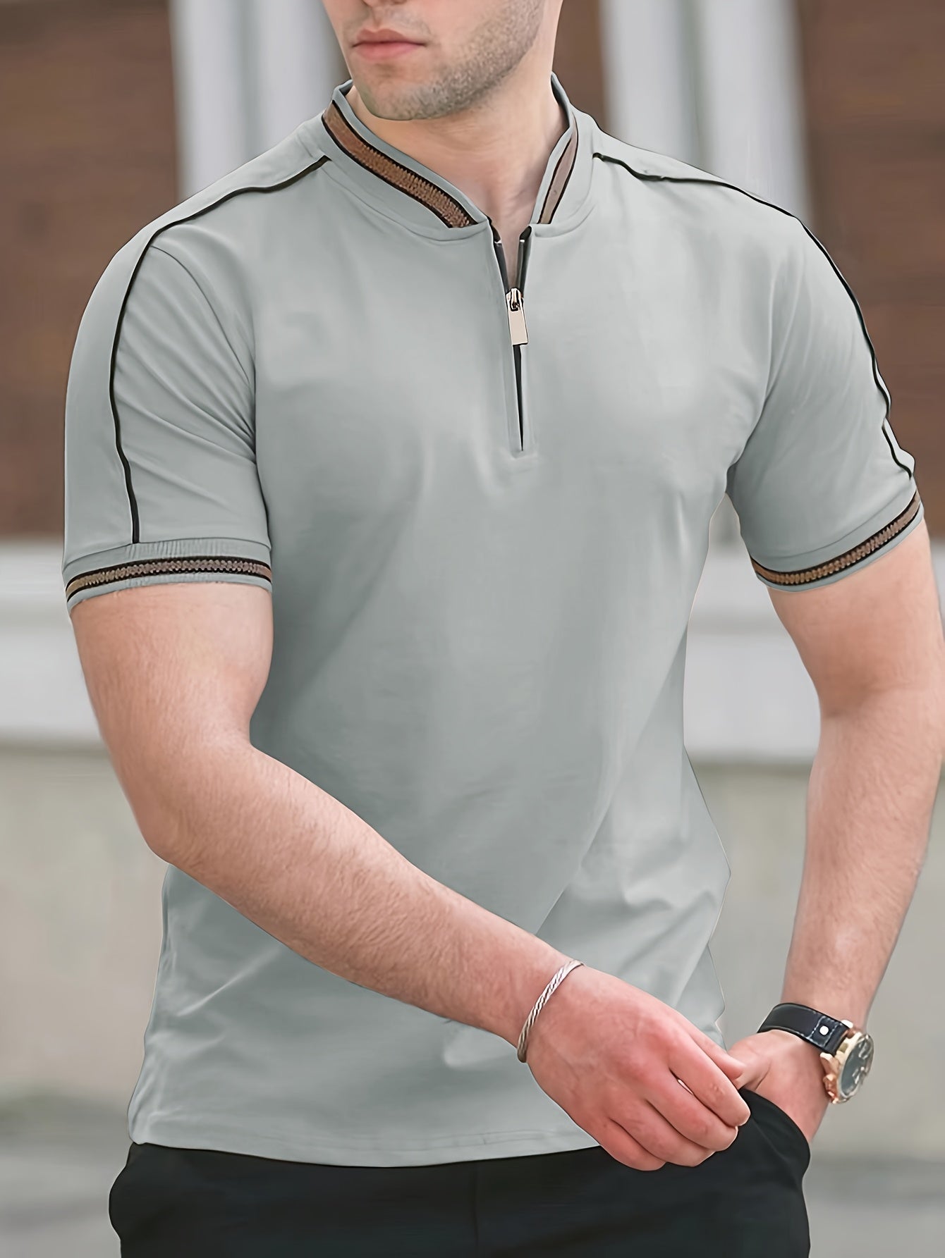 Men'S Casual Short Sleeve Polo Shirt - Beige with Black Side Stripes, Comfortable Breathable Fabric, Mandarin Collar, Zipper Detail, Perfect for Sports, Outdoor Activities & Casual Wear, Sports Casual Wear | Minimalist Design | Comfortable Fit