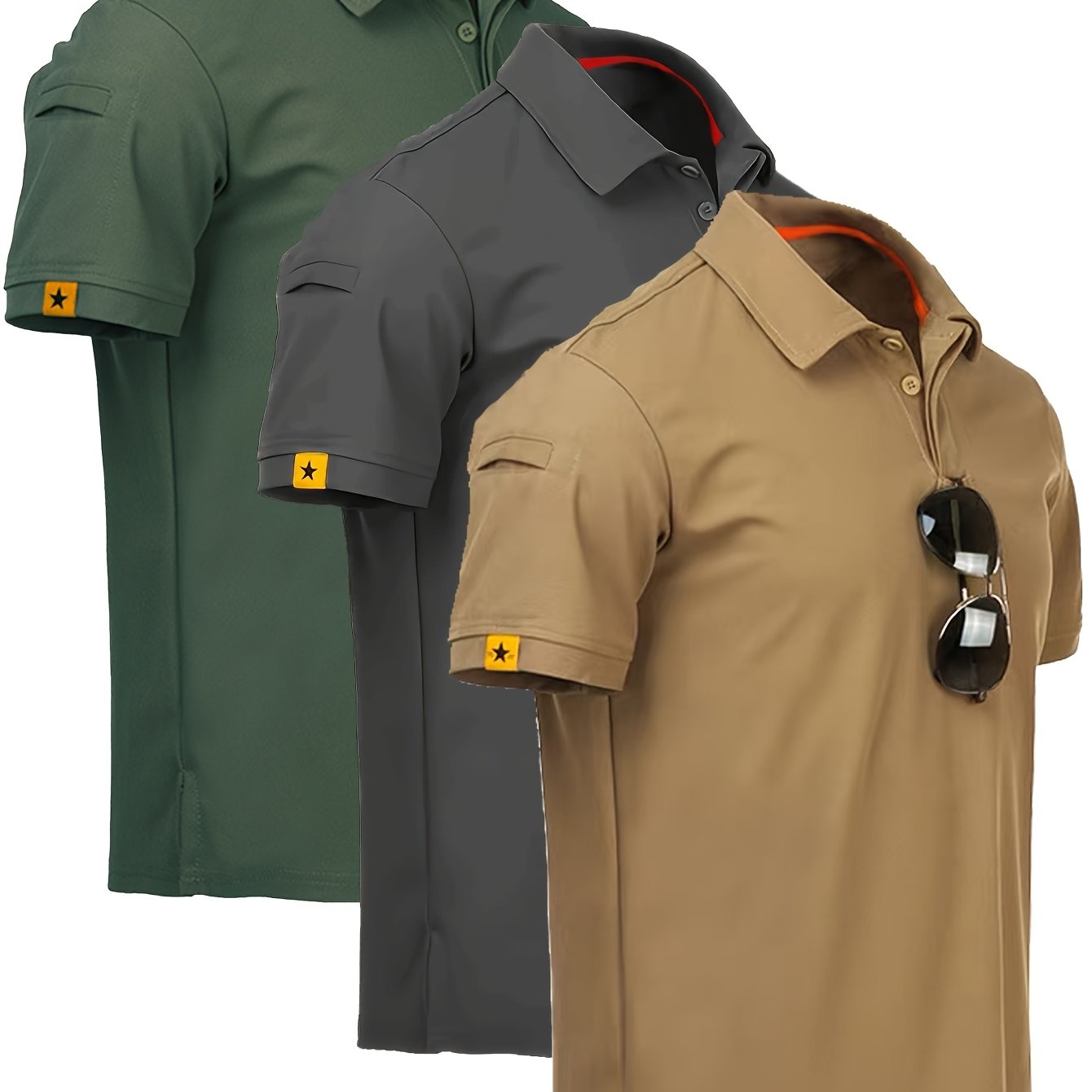 Men'S 3pcs Summer Short Sleeve Polo Shirts, Stretchy Breathable Quick-Dry Comfortable Lightweight for Outdoor Camping, Hiking & Casual Wear, Solid Color with Tag Detail, Hiking Clothing | Tag Detail Shirt | Comfortable Fit
