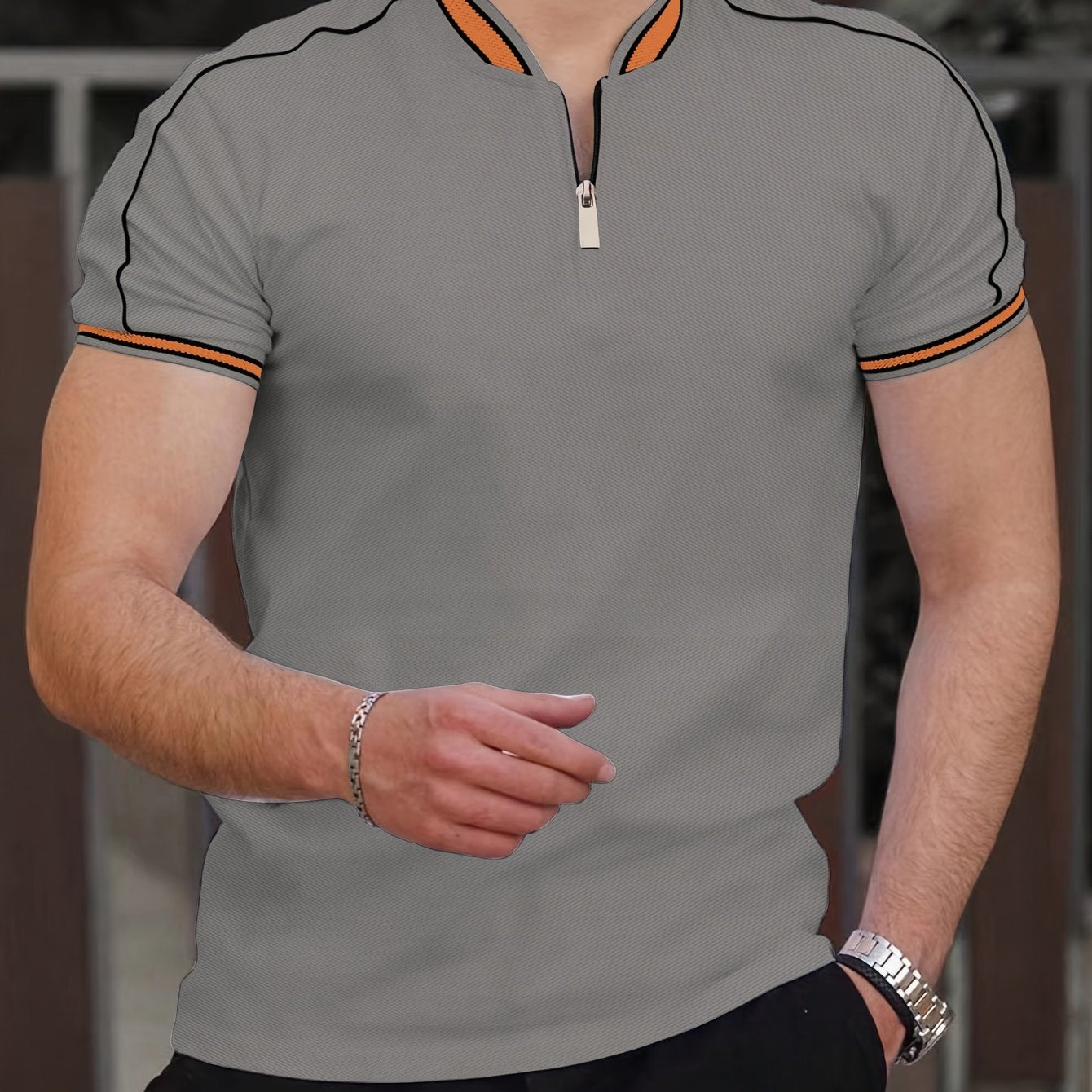 Men'S Casual Short Sleeve Polo Shirt - Beige with Black Side Stripes, Comfortable Breathable Fabric, Mandarin Collar, Zipper Detail, Perfect for Sports, Outdoor Activities & Casual Wear, Sports Casual Wear | Minimalist Design | Comfortable Fit