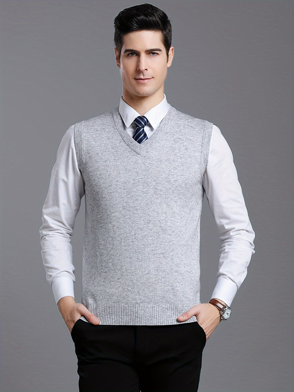 Gilet Homme Sans Manches en Laine Stretch - Texture Côtelée Élégante, Tricot Chaud pour Tenue Décontractée et Golf, Anniversaire - Noir