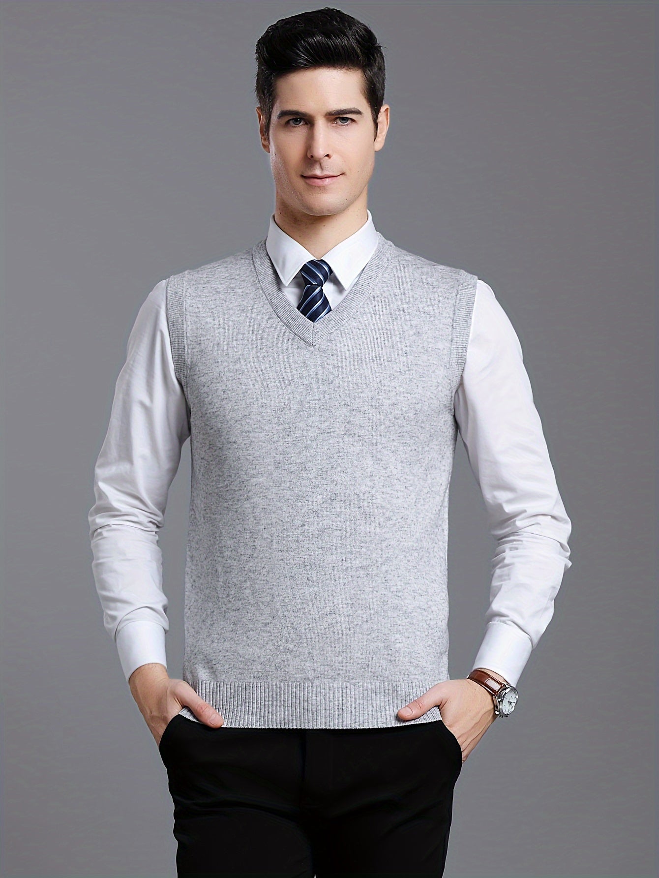 Gilet Homme Sans Manches en Laine Stretch - Texture Côtelée Élégante, Tricot Chaud pour Tenue Décontractée et Golf, Anniversaire - Noir