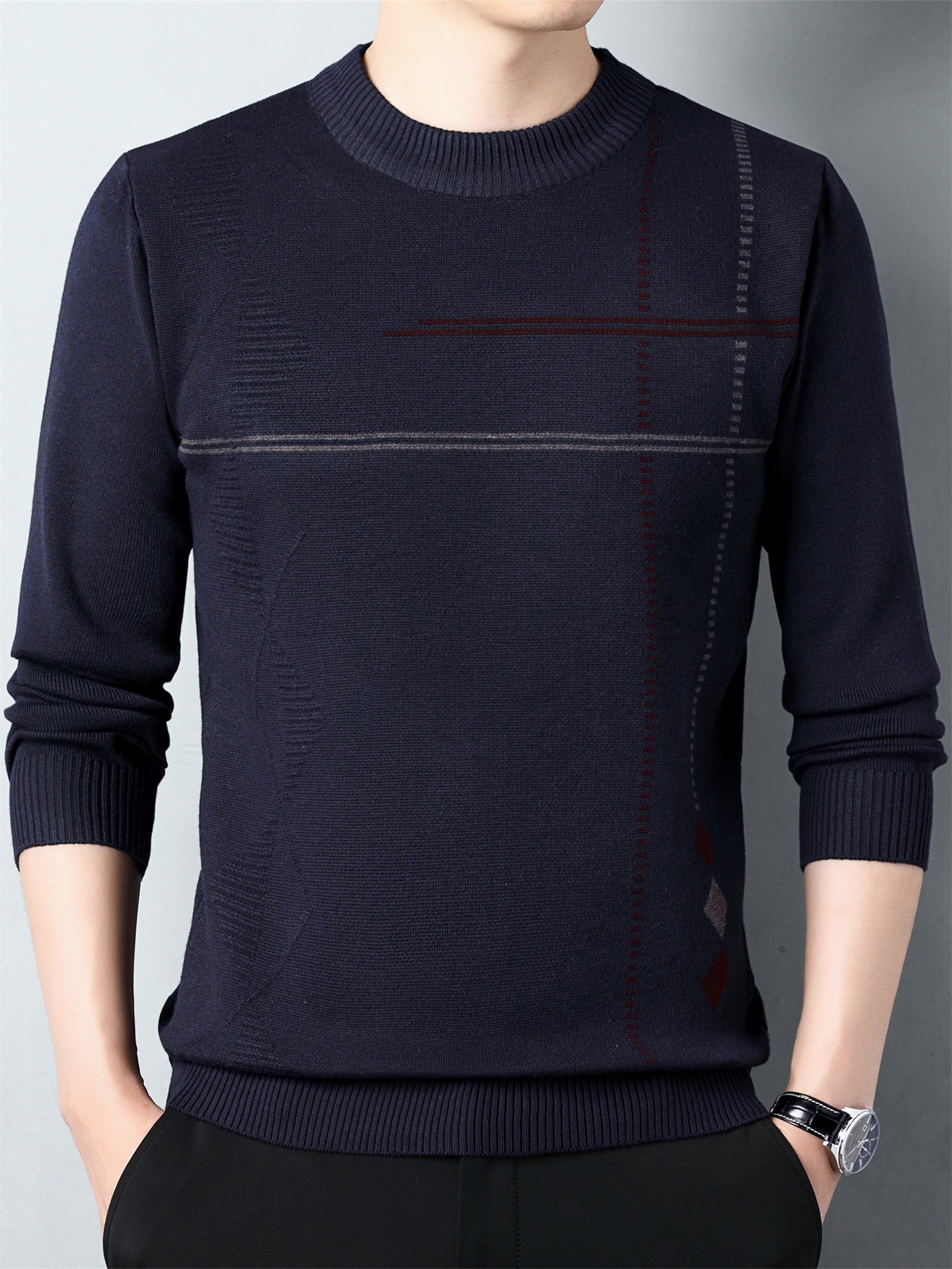 Pull en maille décontracté pour homme col rond 2024 - Taille régulière en polyester avec légère élasticité, motif géométrique pour printemps\u002Fautomne