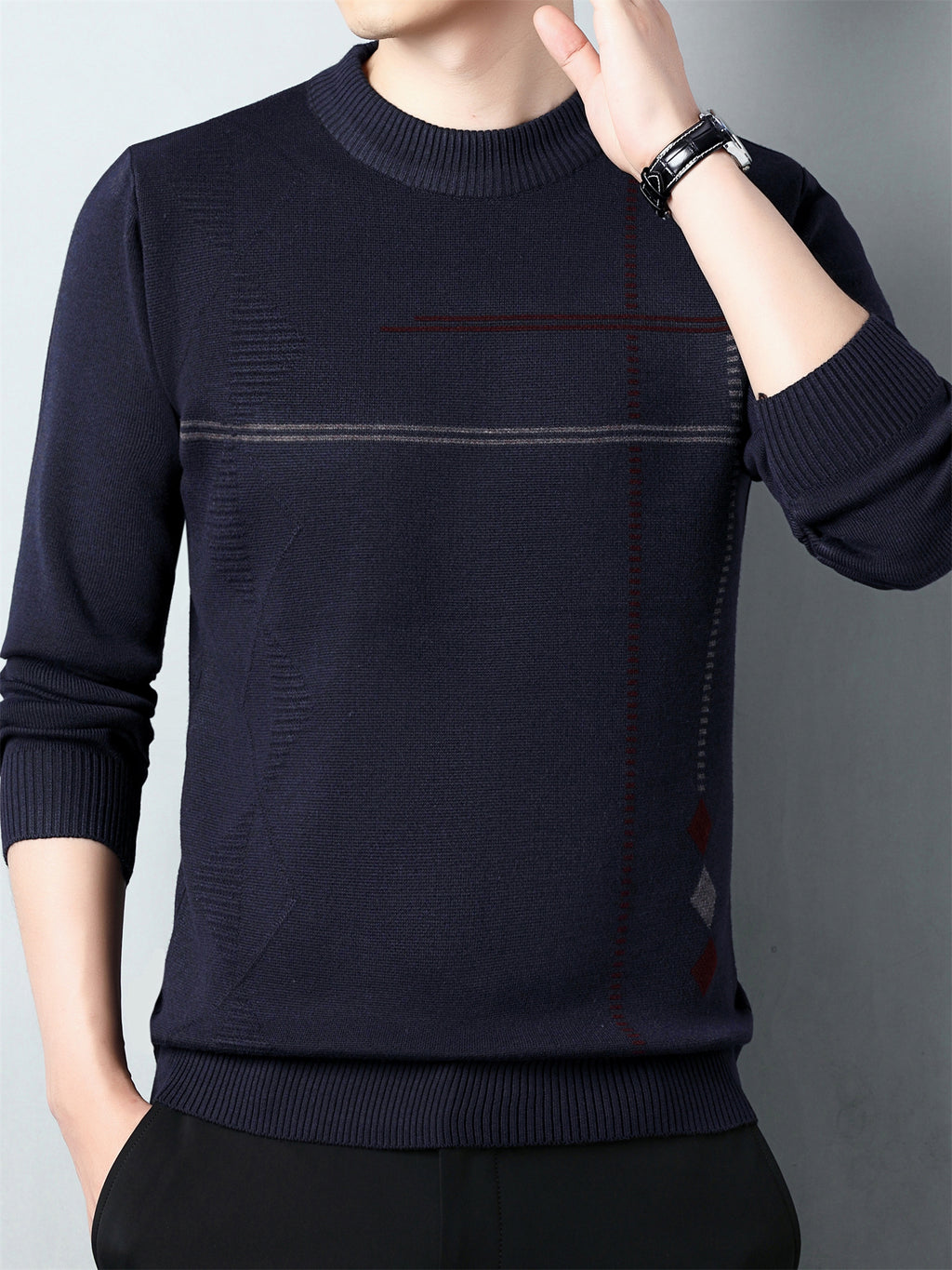 Pull en maille décontracté pour homme col rond 2024 - Taille régulière en polyester avec légère élasticité, motif géométrique pour printemps\u002Fautomne