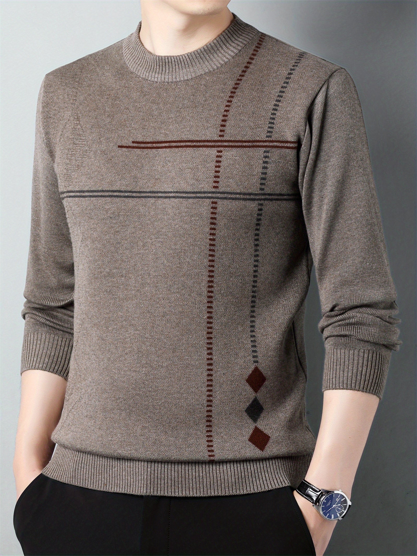 Pull en maille décontracté pour homme col rond 2024 - Taille régulière en polyester avec légère élasticité, motif géométrique pour printemps\u002Fautomne