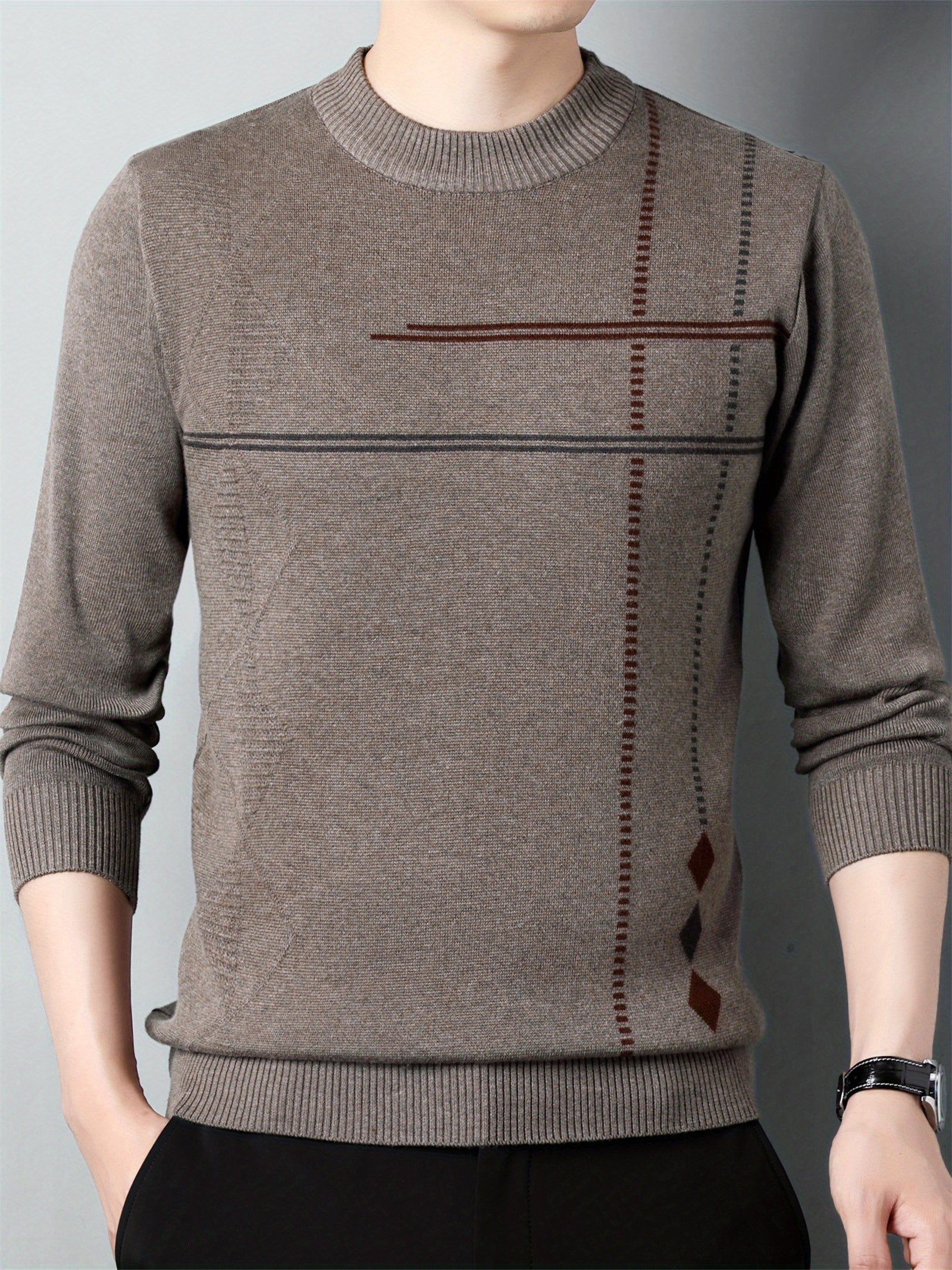 Pull en maille décontracté pour homme col rond 2024 - Taille régulière en polyester avec légère élasticité, motif géométrique pour printemps\u002Fautomne