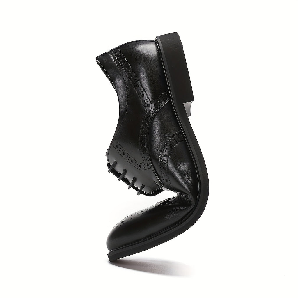 Men's Genuine Leather Dress Shoes - Breathable Wingtip Oxfords with Brogue Design, Classic Black Business & Formal Style for Weddings, Parties, and British Events