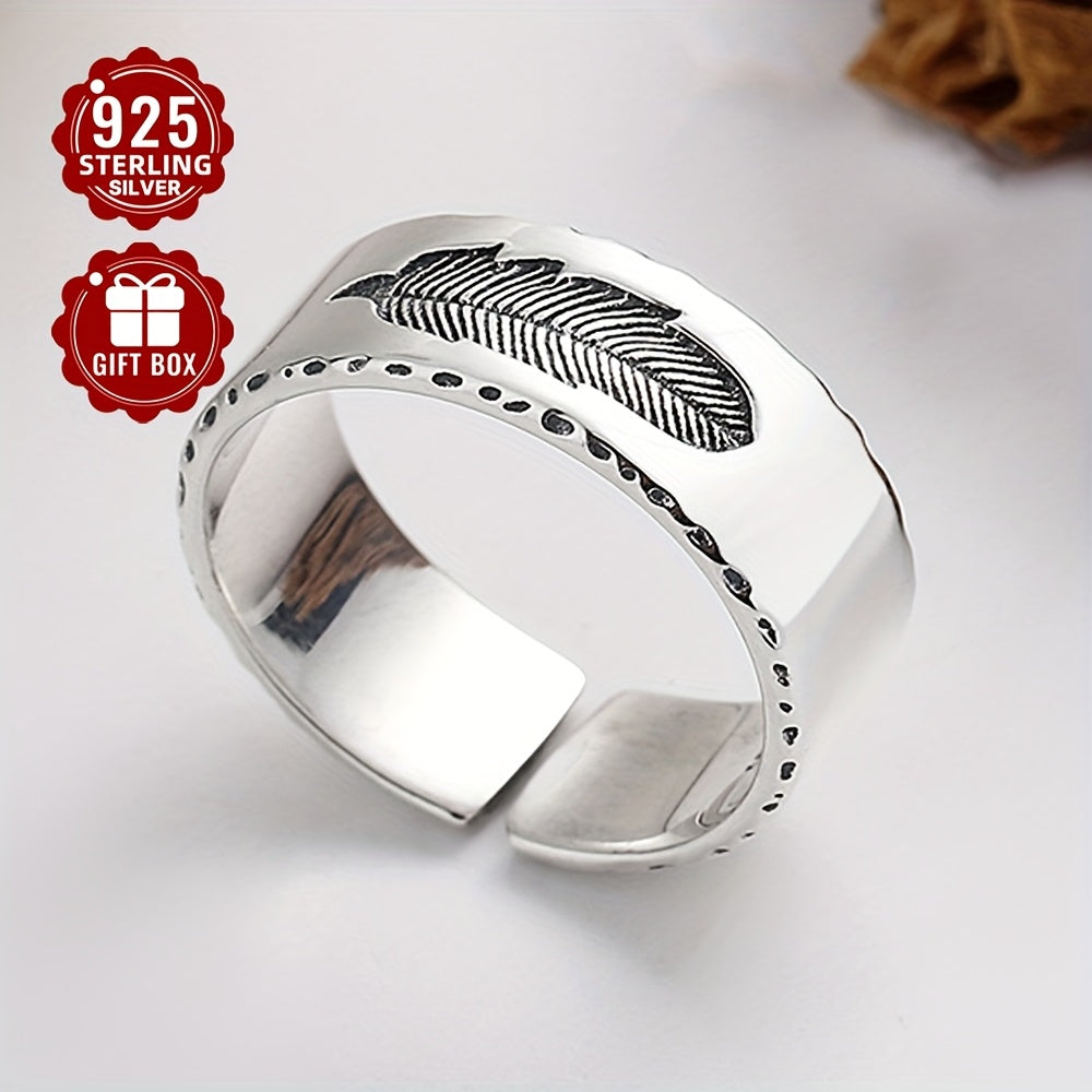1PCS925 Sterling Silver Low Sensitivity Wide Edition Heavy Work Texture Feather Imprint Open Ring Hip Hop Retro Style For Rock Party Bundy Men's Women's Universal Couple Ring (about 5.6g)