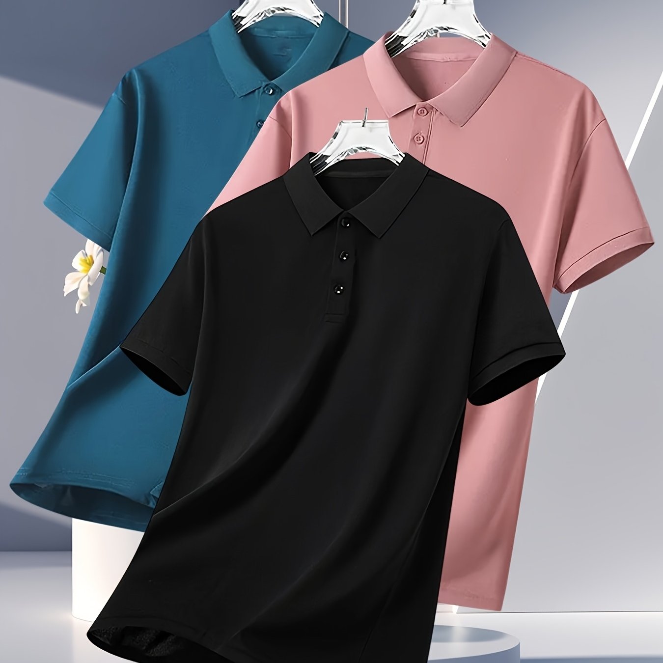3pcs Men's Summer Shirts - Breathable Short Sleeve Casual & Business Casual Tops with Classic Collar, Loose Fit, Solid Color (Navy\u002FOlive\u002FBlack) - 2025 Trending Styles