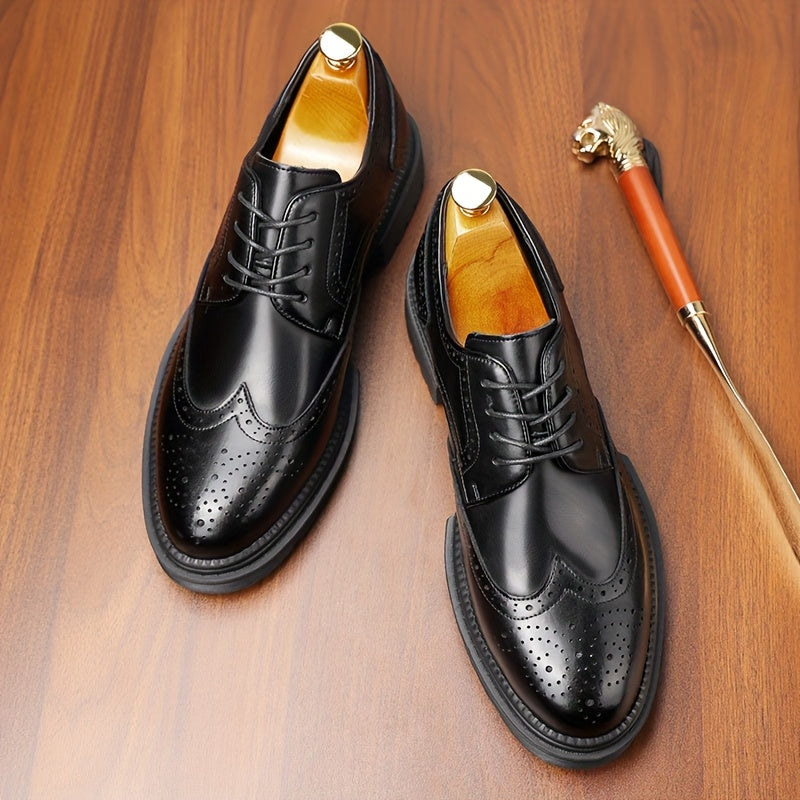 Men's Genuine Leather Business Casual Shoes - Breathable Low-Top Lace-Up Formal & Semi-Formal Footwear with Thick Rubber Sole, Pointed Toe, Black for Office & Casual Wear