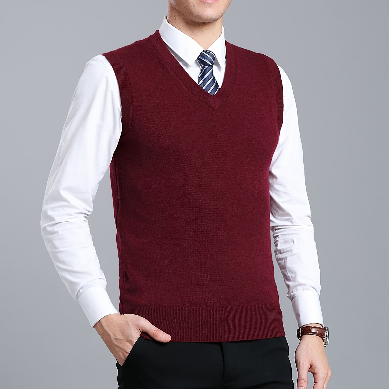 Gilet Homme Sans Manches en Laine Stretch - Texture Côtelée Élégante, Tricot Chaud pour Tenue Décontractée et Golf, Anniversaire - Noir