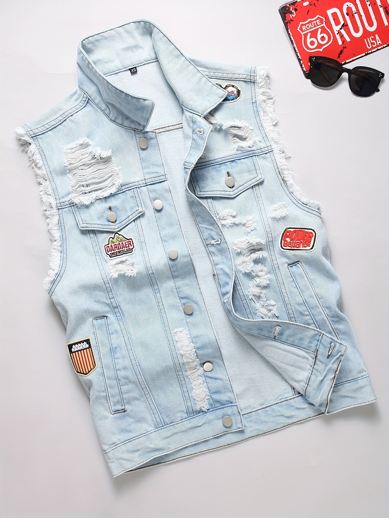 Veste en denim délavé pour homme, mélange coton, non extensible, déchirée, coupe régulière, sans manches, col à revers, style streetwear, tissé, pour printemps\u002Fautomne