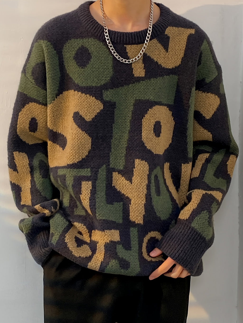 Pull en tricot à lettres imprimées pour hommes de grande taille, tendance printemps automne K-pop