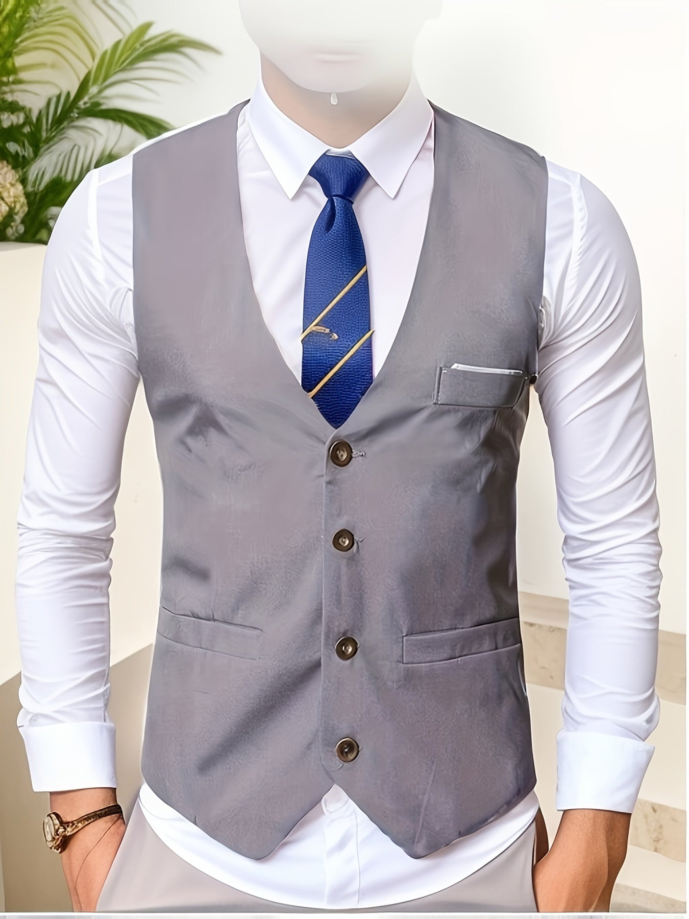 Gilet de Costume à Col en V, Style Rétro Décontracté pour Homme, Gilet Cintré Uni à Simple Boutonnage pour Tenue de Soirée