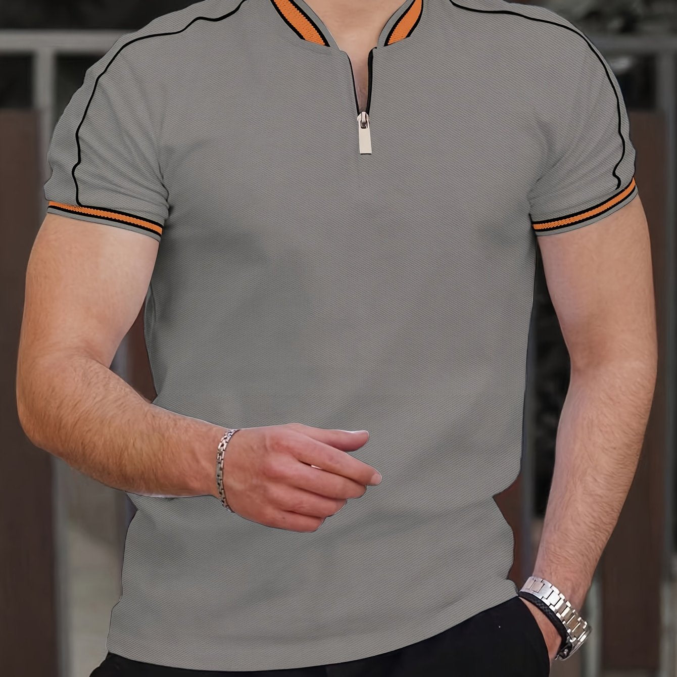 Men's Casual Short Sleeve Shirt - Breathable Moisture-Wicking Fabric, Stand Collar with Contrast Inlaid Lines & Half-Zipper Front, Sporty Solid Color Design for Summer Outdoor Sports & Casual Wear, Active Lifestyle Apparel, Comfortable Fit
