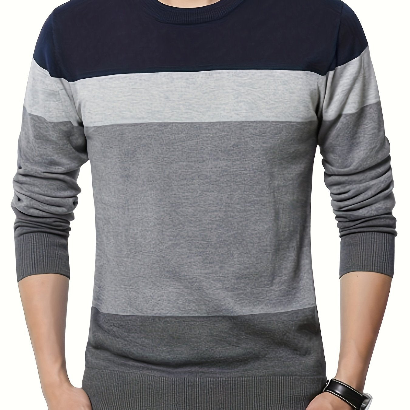 Pullover tricoté en coton 100 % pour homme, col rond ajusté à manches longues décontracté pour l'automne et l'hiver