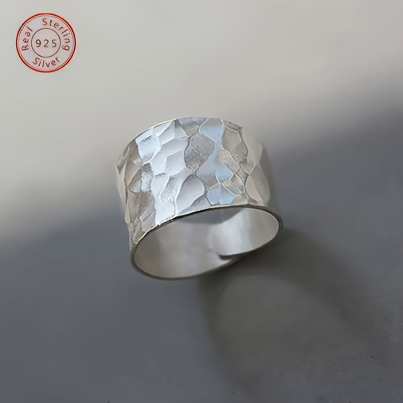 Elegant 925 Silver Hand-hammered Wide Ring, Adjustable Ring for Women, Wide Face Ring for Men, Retro And Simple, Suitable for Daily Party Wear, Birthday, Mother's Day, Father's Day, Valentine's Day, Graduation Gift