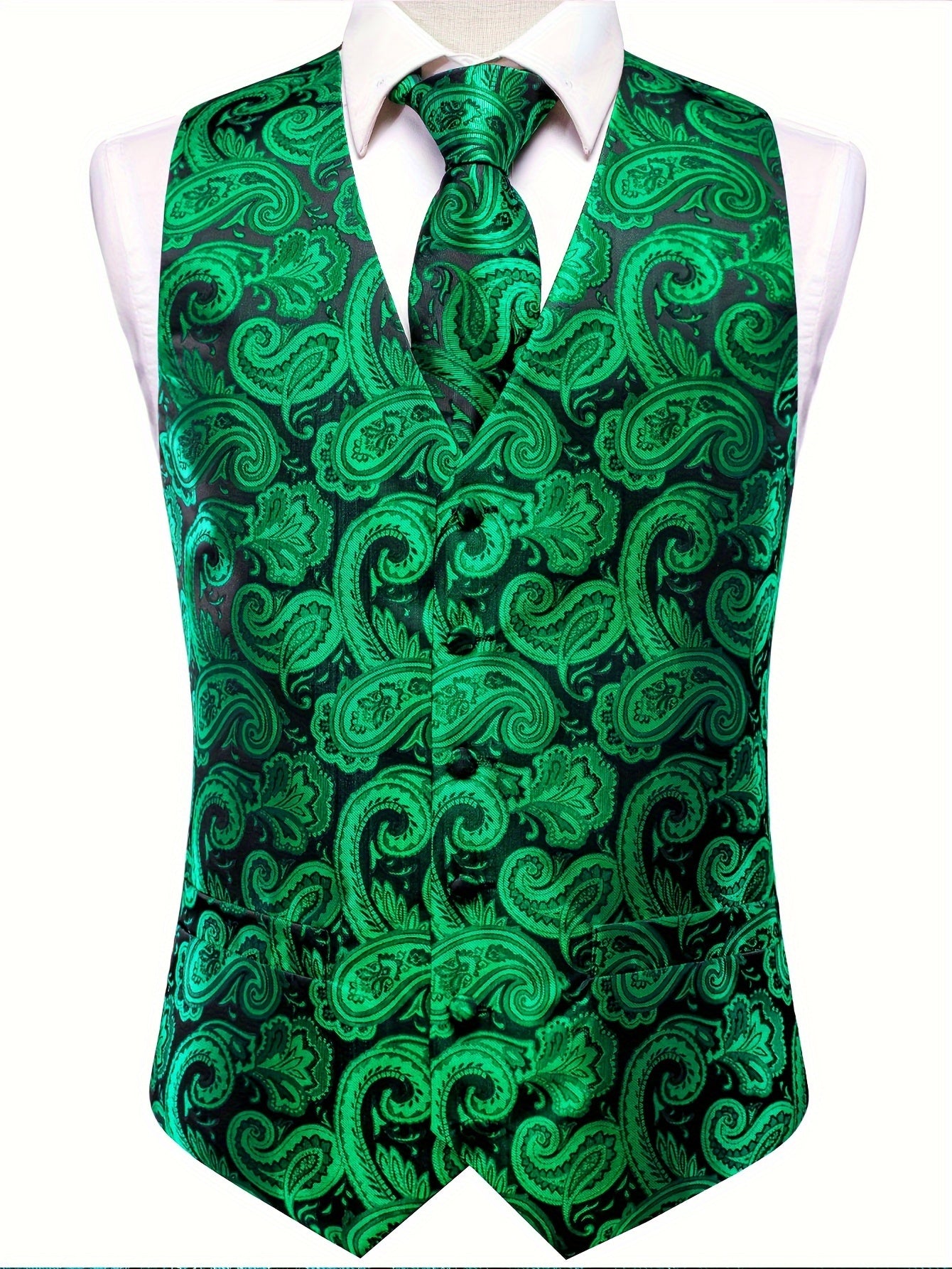 Gilet élégant en jacquard cachemire pour homme avec cravate + mouchoir + boutons de manchette pour mariage\u002Foccasions spéciales