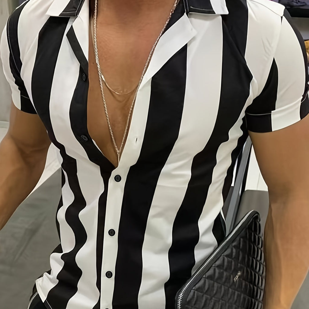 1pc Men'S Summer Casual Striped Button- Shirt - Short Sleeve, Regular Fit, Polyester Woven Fabric, Non-Stretch, Lapel Collar, Placket, for Daily & Outdoor Activities, Hiking, Weekend - Woven Fabric Weight 125g\u002Fm²