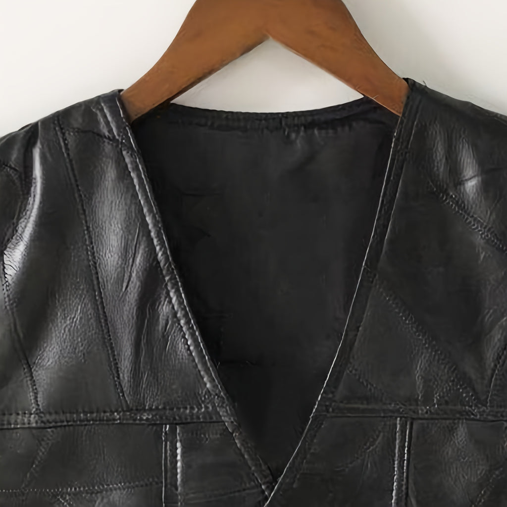 1pc Veste sans Manches en Similicuir ICEBANNER pour Homme, Veste Motocross Clubwear à Boutons-Pression et Lacets Réglables avec Poches Cachées, 100% Similicuir