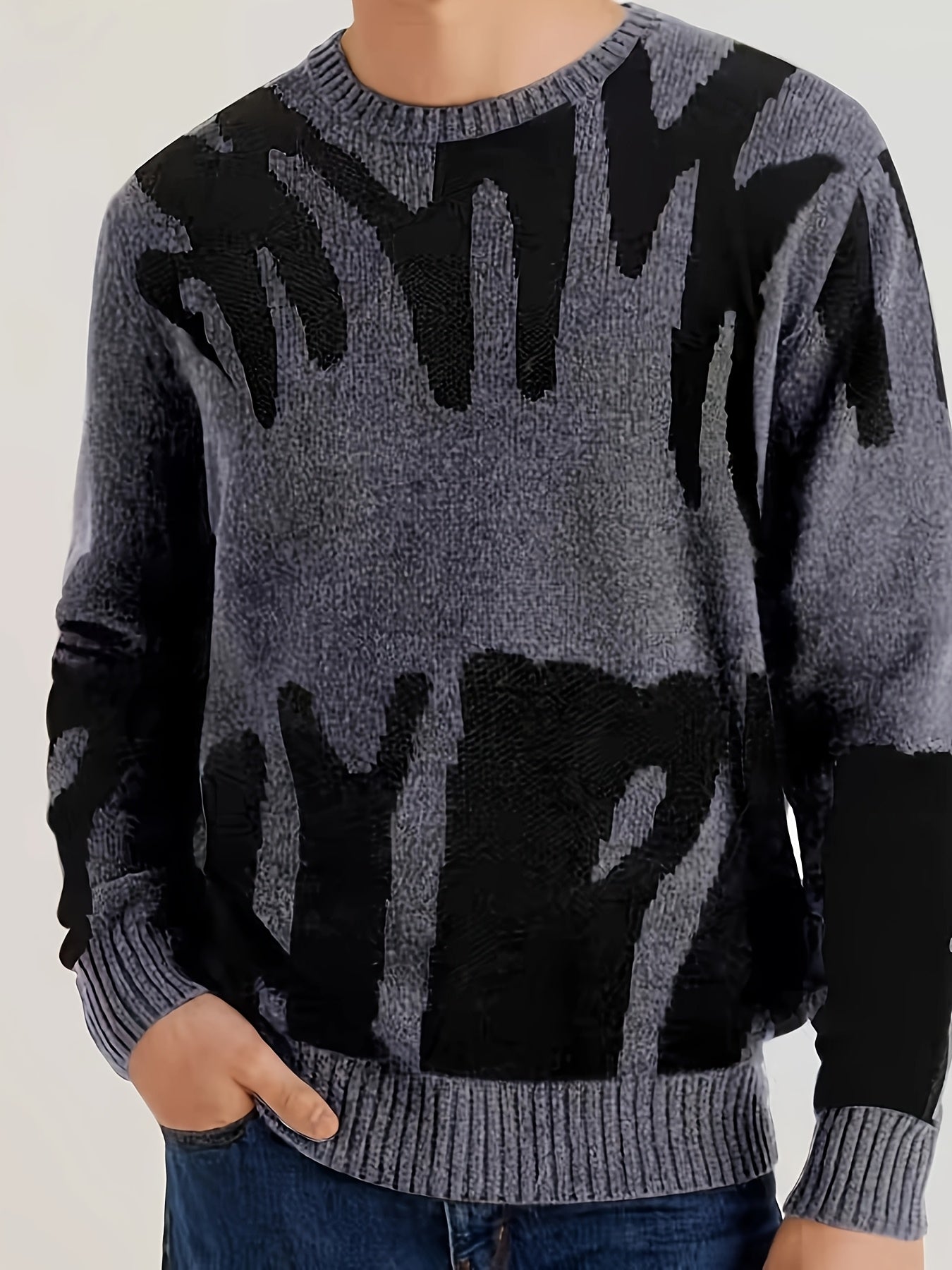 Pull décontracté à col rond pour homme, motif géométrique en tricot, 100 % polyester, légèrement extensible, coupe standard pour l'automne\u002Fhiver, épais