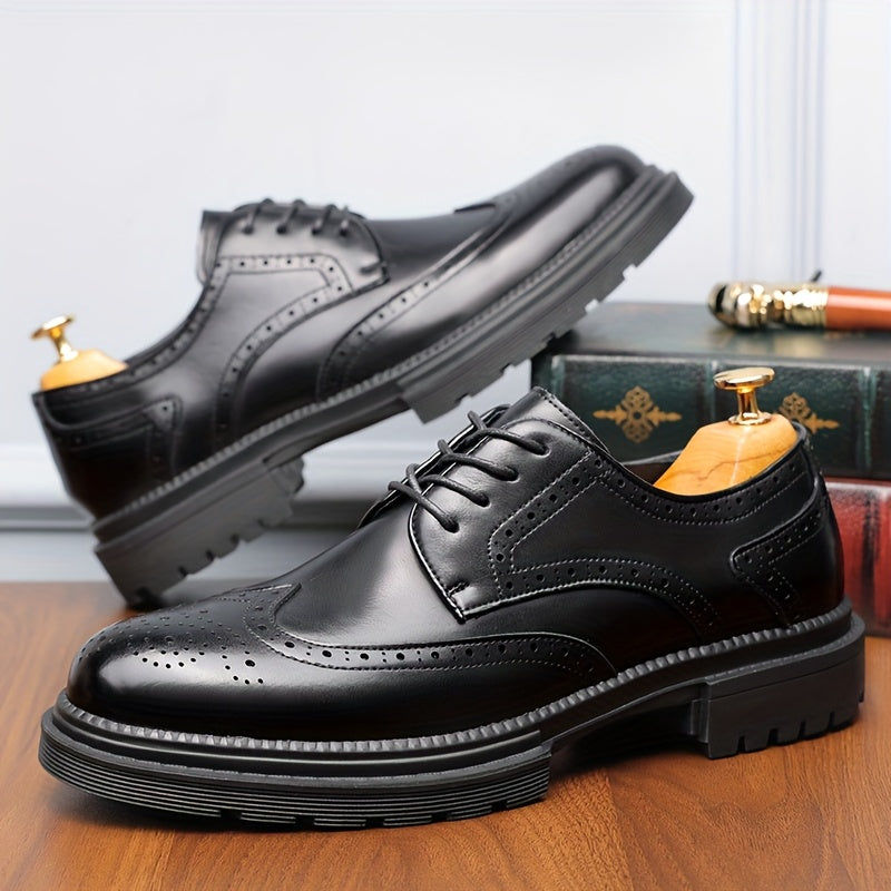 Men's Genuine Leather Business Casual Shoes - Breathable Low-Top Lace-Up Formal & Semi-Formal Footwear with Thick Rubber Sole, Pointed Toe, Black for Office & Casual Wear