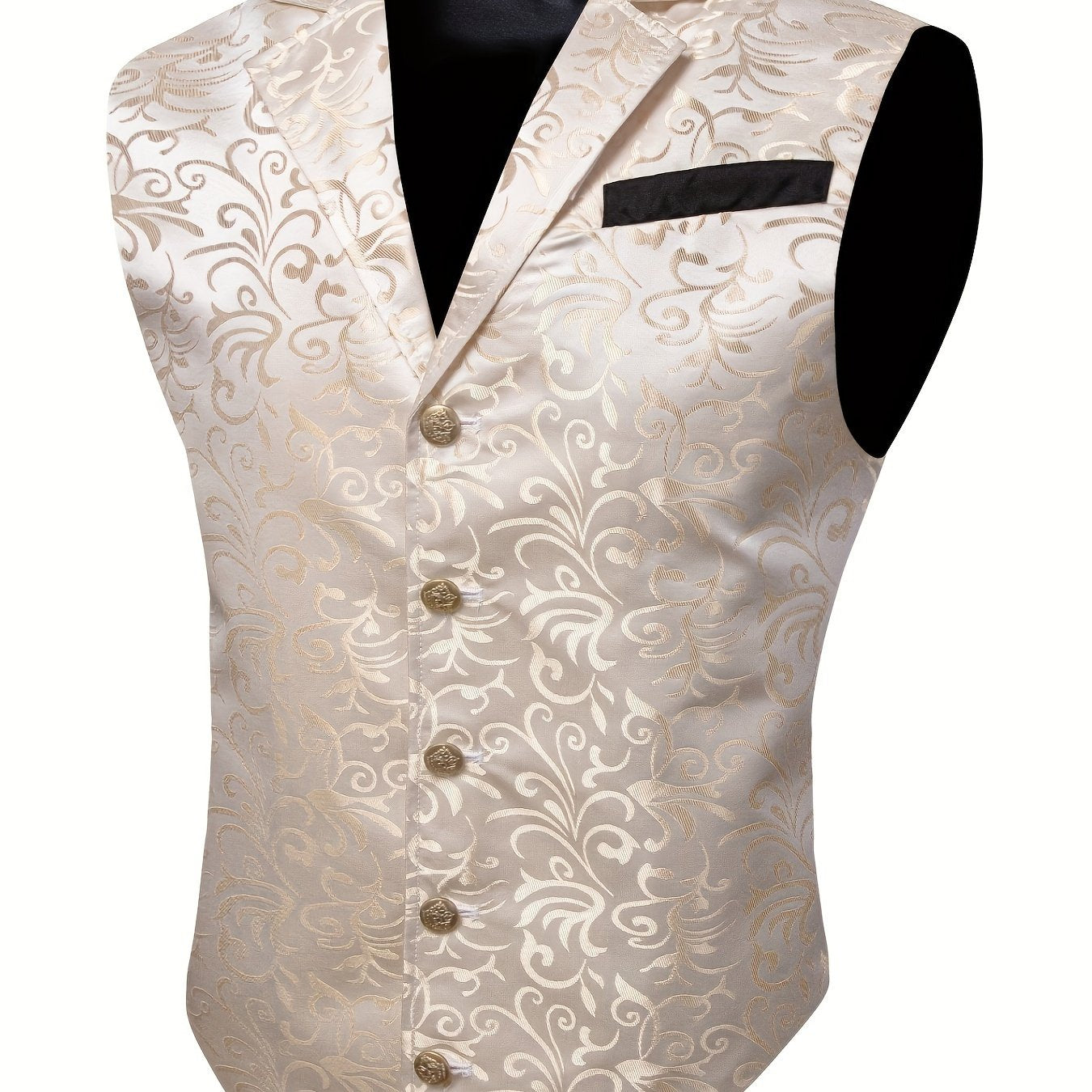 Gilet de Costume Jacquard Floral Vintage pour Hommes - Style Steampunk Gothique, Imprimé Floral Vert & Doré, Col Sur Mesure, Bouton en Cuivre, Poches Latérales, Parfait pour les Mariages, Bal de Promo & Événements Formels