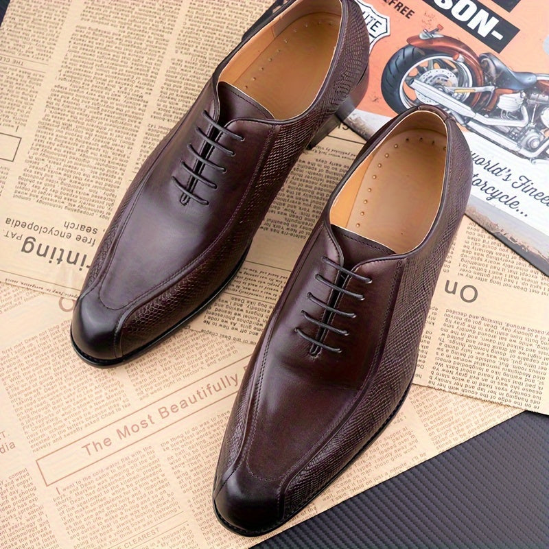 Men's Solid Colour Top Grain Cow Leather Upper Plain Toe Oxford Shoes, Comfy Non Slip Lace Up Rubber Sole Dress Shoes
