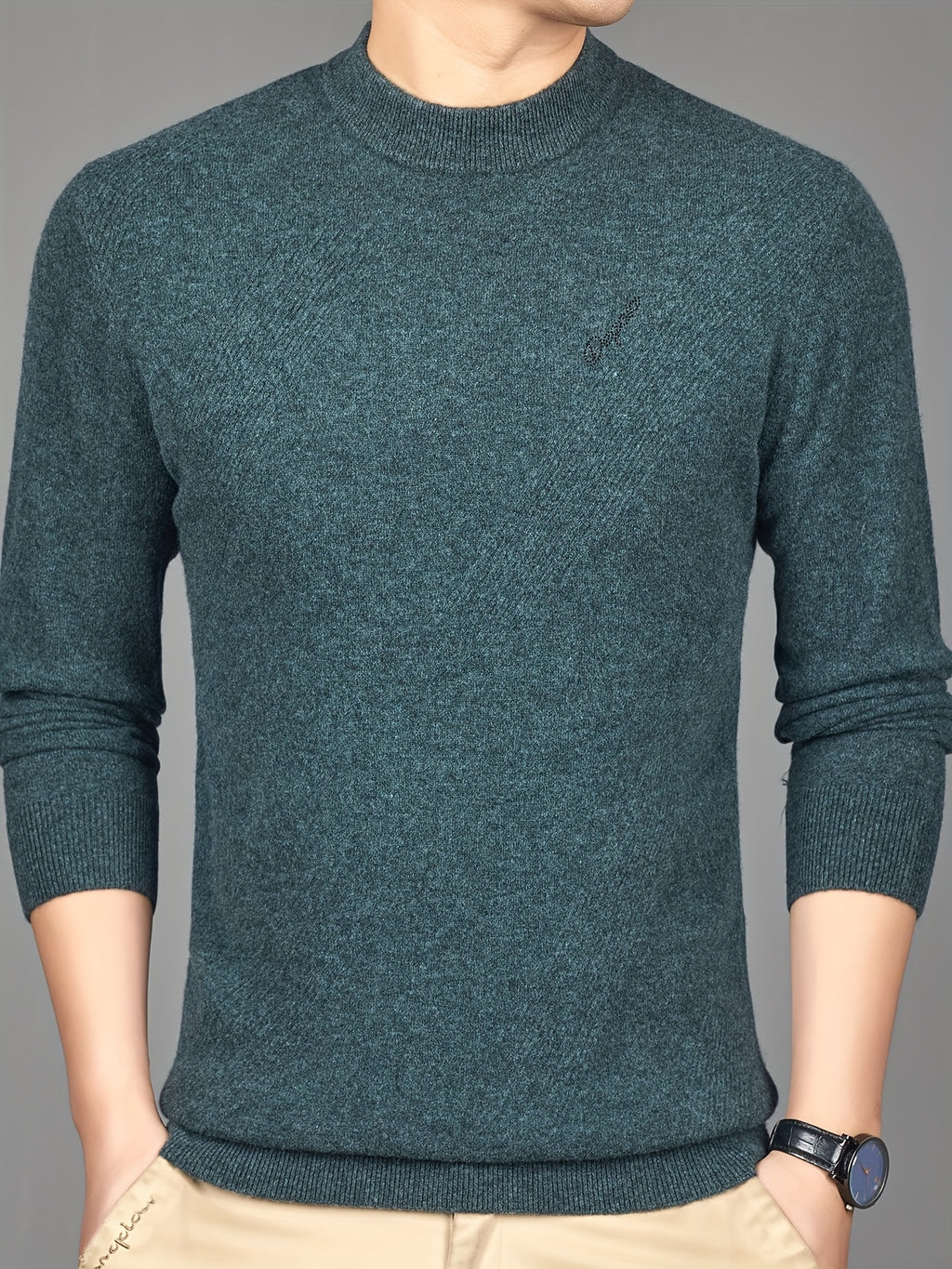 Pull-over Thermique Homme 100% Laine - Design Asymétrique à Rayures, Coupe Slim, Vert Foncé pour Automne\u002FHiver, Lavage à la Main\u002FNettoyage à Sec, Tricot, Vêtement d'Hiver