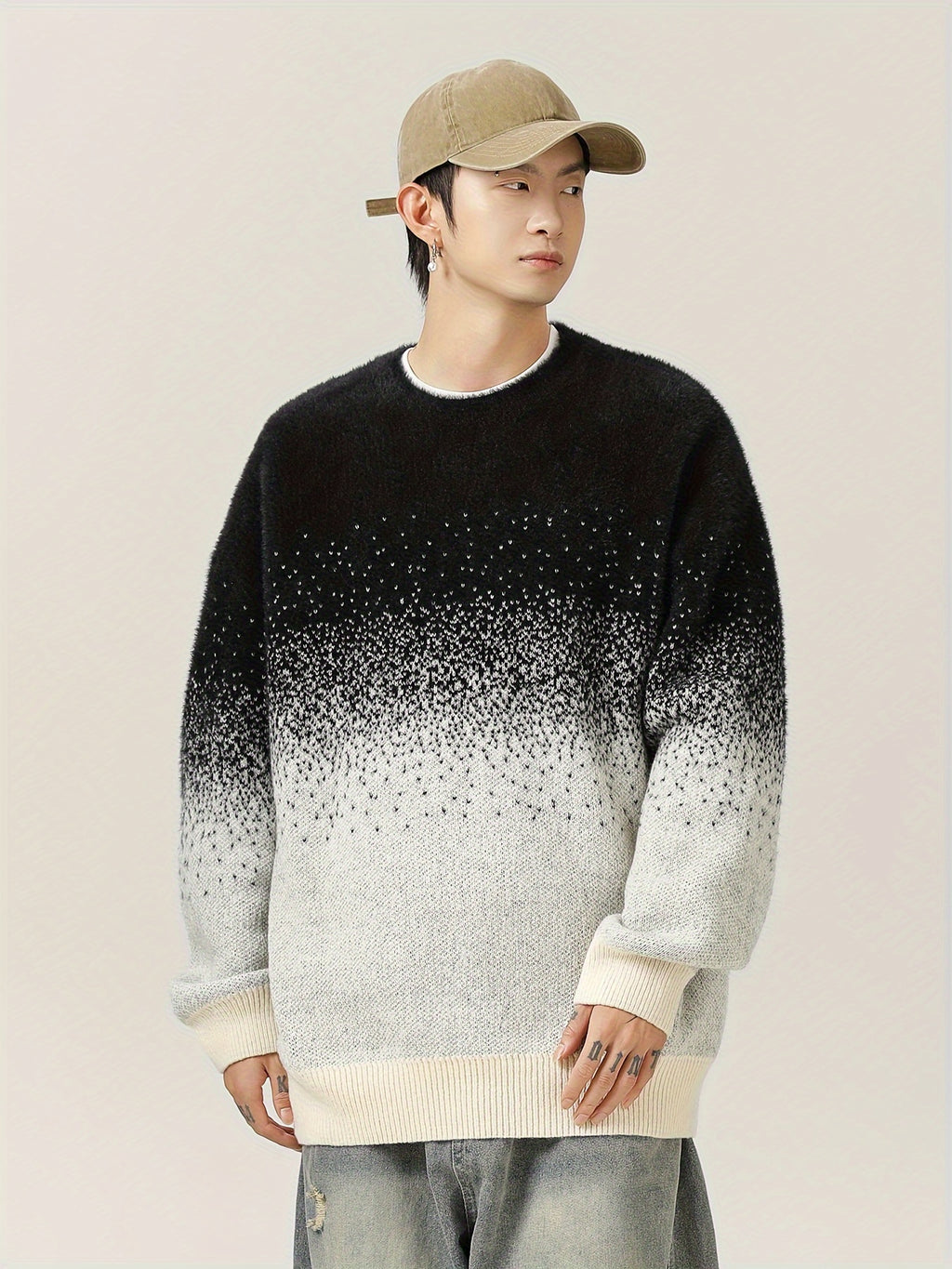 Pull à col rond dégradé casual pour homme - Tissu tricoté 100% polyester avec légère élasticité, modèle décontracté pour l'automne\u002Fhiver - Chaleureux style de rue japonais gradient