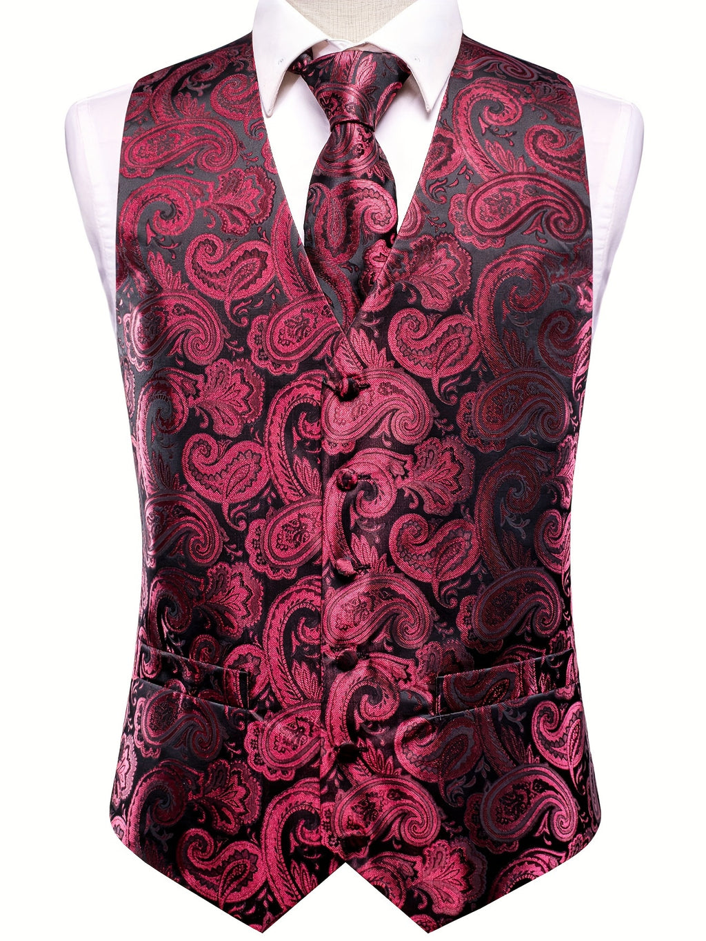 Gilet élégant en jacquard cachemire pour homme avec cravate + mouchoir + boutons de manchette pour mariage\u002Foccasions spéciales