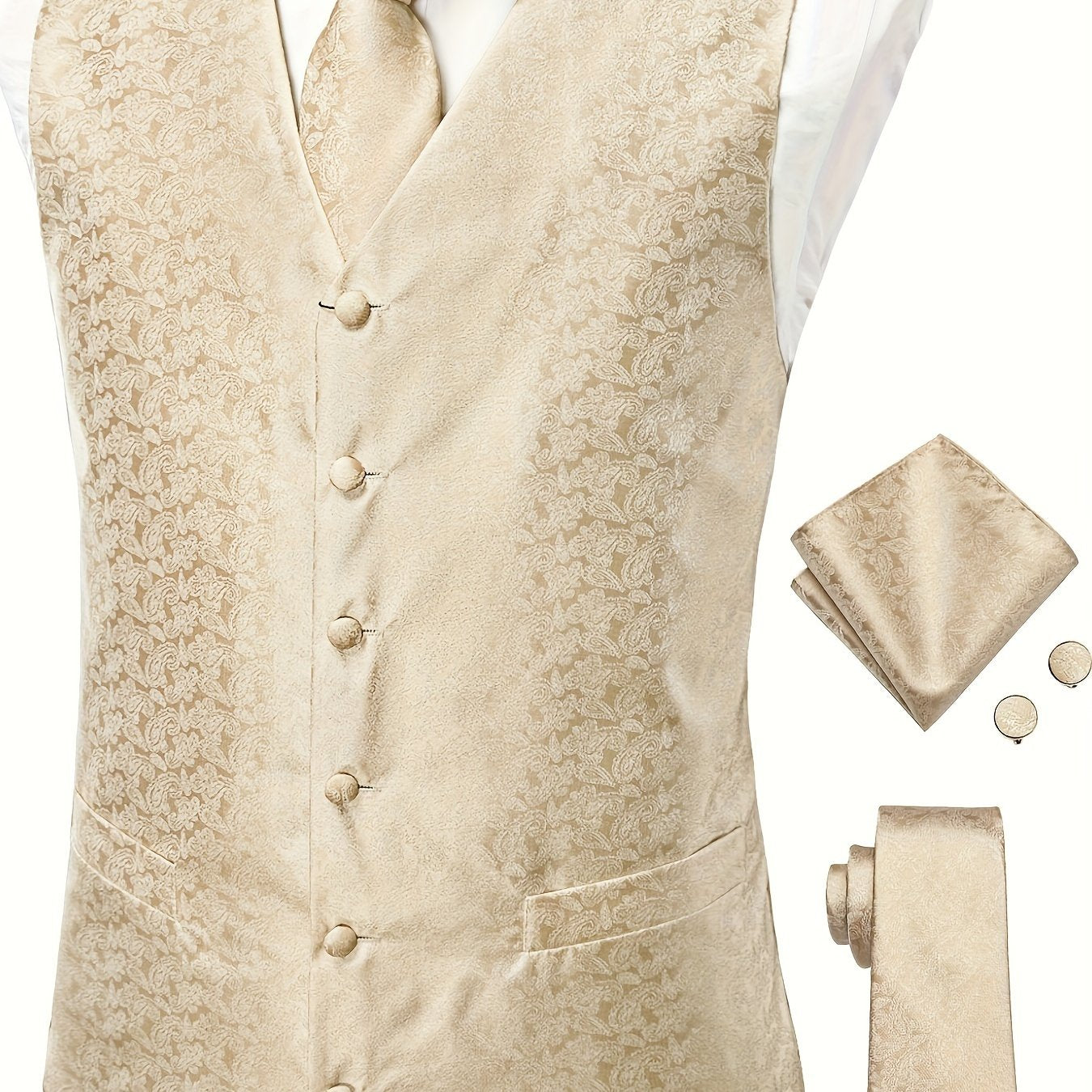 Gilet élégant en jacquard cachemire pour homme avec cravate + mouchoir + boutons de manchette pour mariage\u002Foccasions spéciales