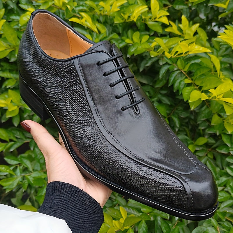Men's Solid Colour Top Grain Cow Leather Upper Plain Toe Oxford Shoes, Comfy Non Slip Lace Up Rubber Sole Dress Shoes