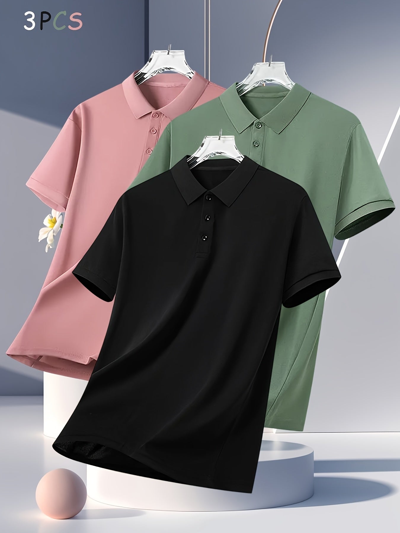 3pcs Men's Summer Shirts - Breathable Short Sleeve Casual & Business Casual Tops with Classic Collar, Loose Fit, Solid Color (Navy\u002FOlive\u002FBlack) - 2025 Trending Styles