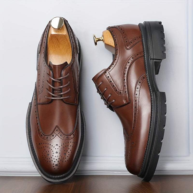 Men's Genuine Leather Business Casual Shoes - Breathable Low-Top Lace-Up Formal & Semi-Formal Footwear with Thick Rubber Sole, Pointed Toe, Black for Office & Casual Wear