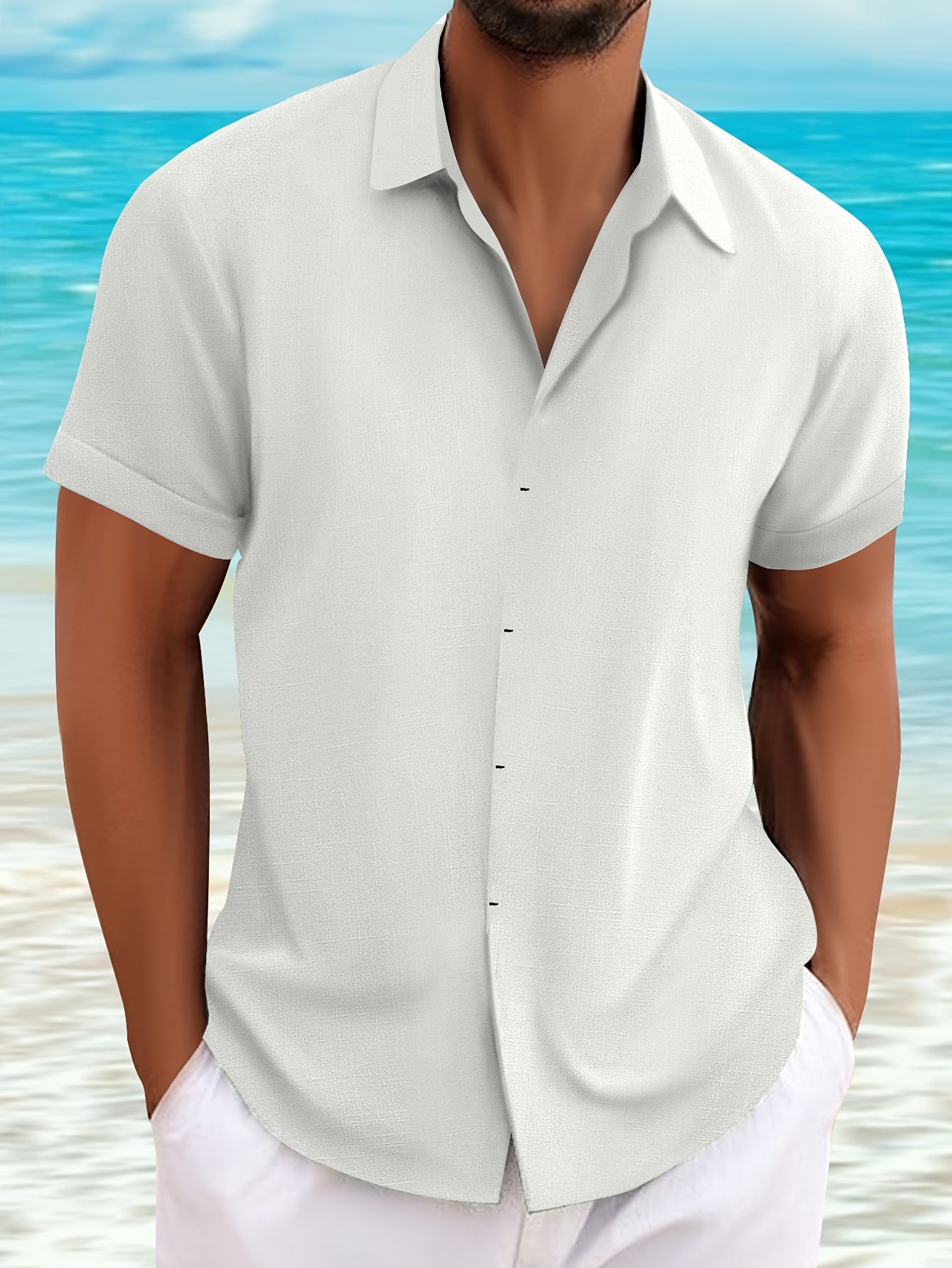 Casual Short-Sleeved Blue Linen Shirt for Men, Featuring an Invisible Button-Up Design, Perfect for Summer Weddings at The Beach.