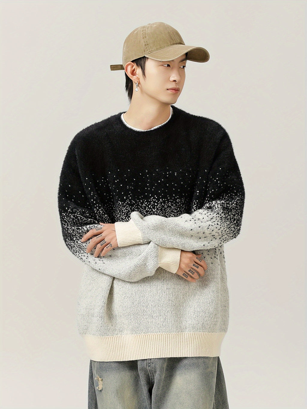 Pull à col rond dégradé casual pour homme - Tissu tricoté 100% polyester avec légère élasticité, modèle décontracté pour l'automne\u002Fhiver - Chaleureux style de rue japonais gradient