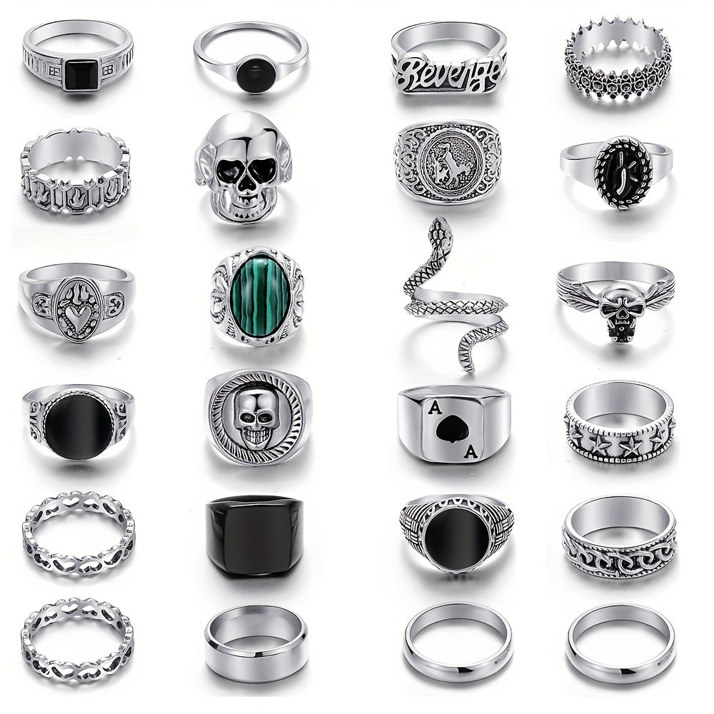 24pcs Silvery Vintage Men's Ring Set with Skull and Heart Snake Gothic Style Rings