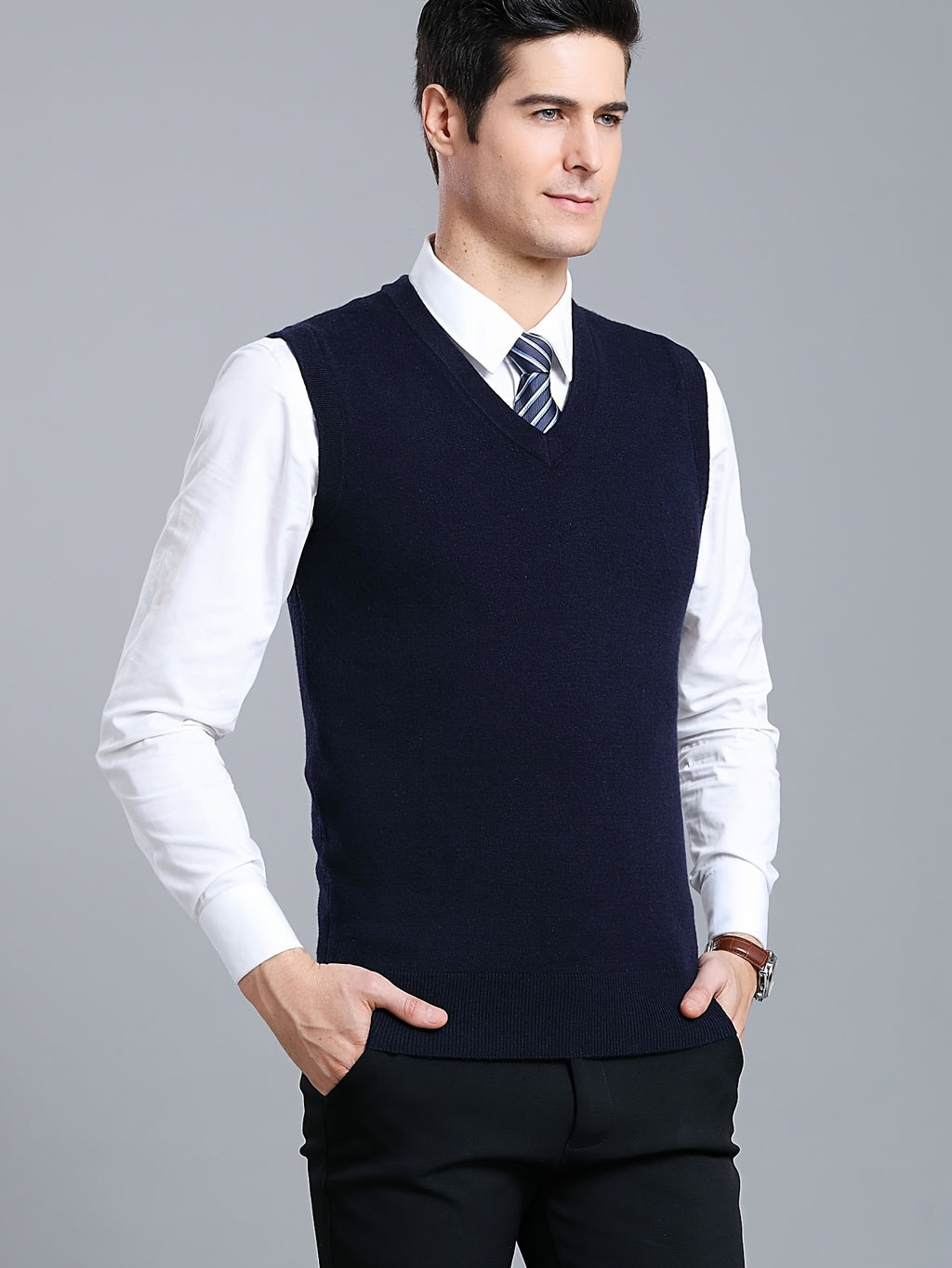 Gilet Homme Sans Manches en Laine Stretch - Texture Côtelée Élégante, Tricot Chaud pour Tenue Décontractée et Golf, Anniversaire - Noir