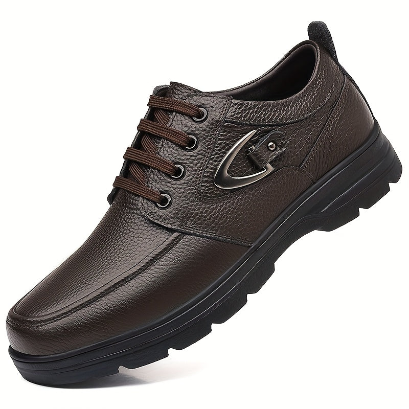 Men's New Spring Genuine Leather Shoes, Top Layer Cowhide Genuine Leather Breathable Business Casual Shoes Retro Trendy Soft Sole Anti-slip Lace-up Round Head Large Size Men's Shoes