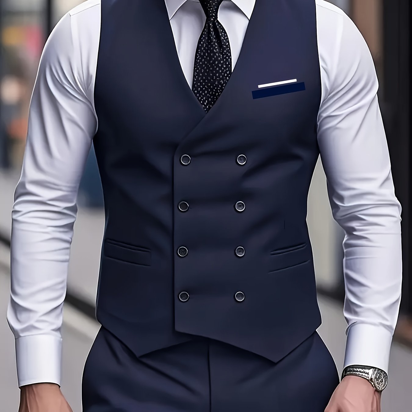 Gilet Sans Manches à Double Boutonnage pour Homme - Noir, Col en V, Léger et Élégant pour Affaires ou Occasions Formelles