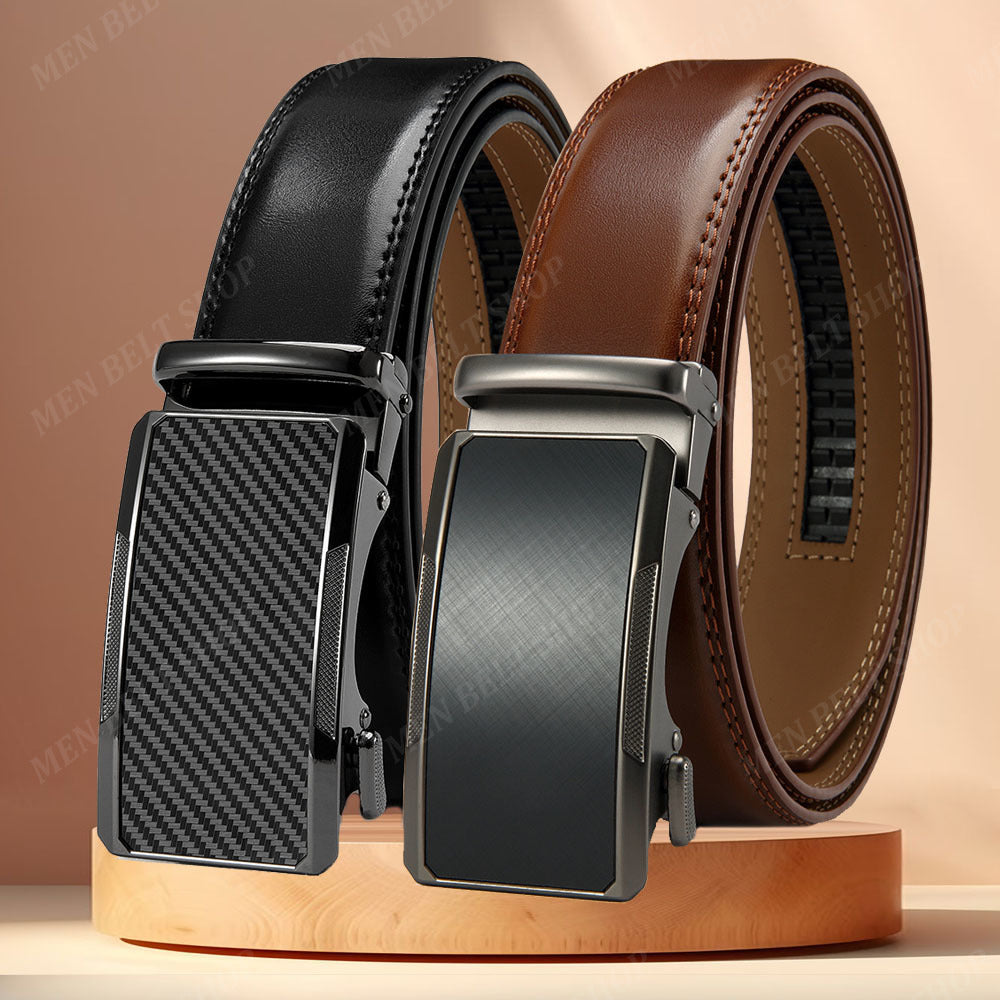 2pcs Ceintures en Cuir de Qualité Supérieure pour Hommes - Longueur Réglable, Durable avec Boucle Automatique, Finition Texturée - Idéales pour le Port Affaires & Décontracté en Noir, Marron Foncé & Fibre de Carbone Noire, Ceinture en Cuir