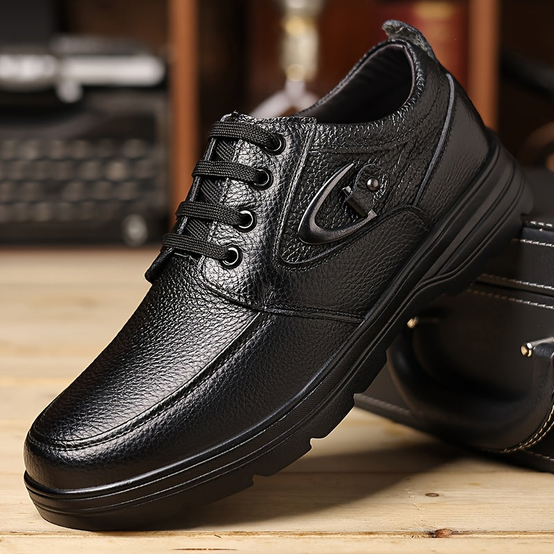 Men's New Spring Genuine Leather Shoes, Top Layer Cowhide Genuine Leather Breathable Business Casual Shoes Retro Trendy Soft Sole Anti-slip Lace-up Round Head Large Size Men's Shoes