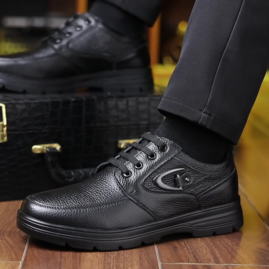 Men's New Spring Genuine Leather Shoes, Top Layer Cowhide Genuine Leather Breathable Business Casual Shoes Retro Trendy Soft Sole Anti-slip Lace-up Round Head Large Size Men's Shoes