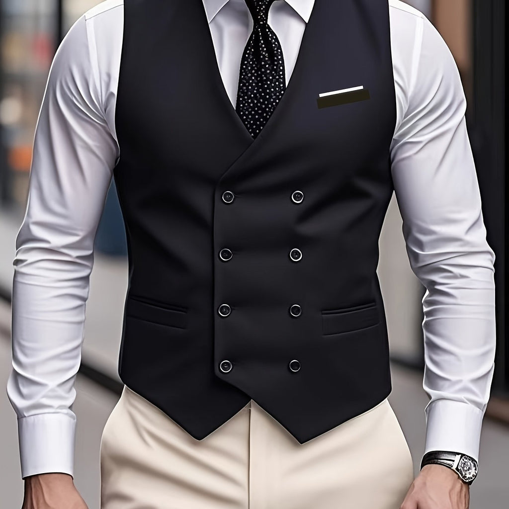 Gilet Sans Manches à Double Boutonnage pour Homme - Noir, Col en V, Léger et Élégant pour Affaires ou Occasions Formelles